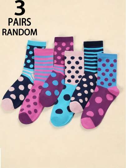 3 Pairs Women's Mid-Calf Socks With Colorblock, Polka Dot And Striped Patterns, Creative And Fashionable Design, Thin And Breathable, Moisture-Wicking, Suitable For Sports, Casual And Elegant Occasions