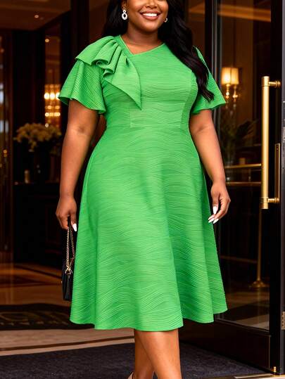 Plus Size Women's Green Elegant Mid-Length Dress, With Asymmetric Ruffle Collar And Ruffle Sleeves, Suitable For Evening Gala And Everyday Wear, Spring/Summer