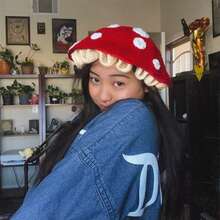 1 chiếc mũ len hình nấm dễ thương dành cho nữ, mũ beanie móc thủ công, kiểu dáng cổ tích Cô bé quàng khăn đỏ, ấm áp cho mùa thu/đông. - Đỏ - Xem 4