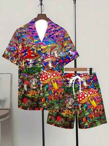 A Set Of Men's Short-Sleeve Cuban-Collar Shirt And Beach Pants, Lively And Playful, Woven Fabric, Lightweight And Quick-Drying, For Relatives And Friends, Suitable For Pool Parties In Summer, Colorful Mushroom Fantasy Print - Nhiều màu - Xem 2