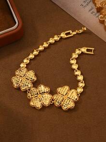 1件中东沙特阿拉伯风格镂空四叶草链手链，金色铜质，送给家人和朋友的礼物 - 金黃色 - 查看 3