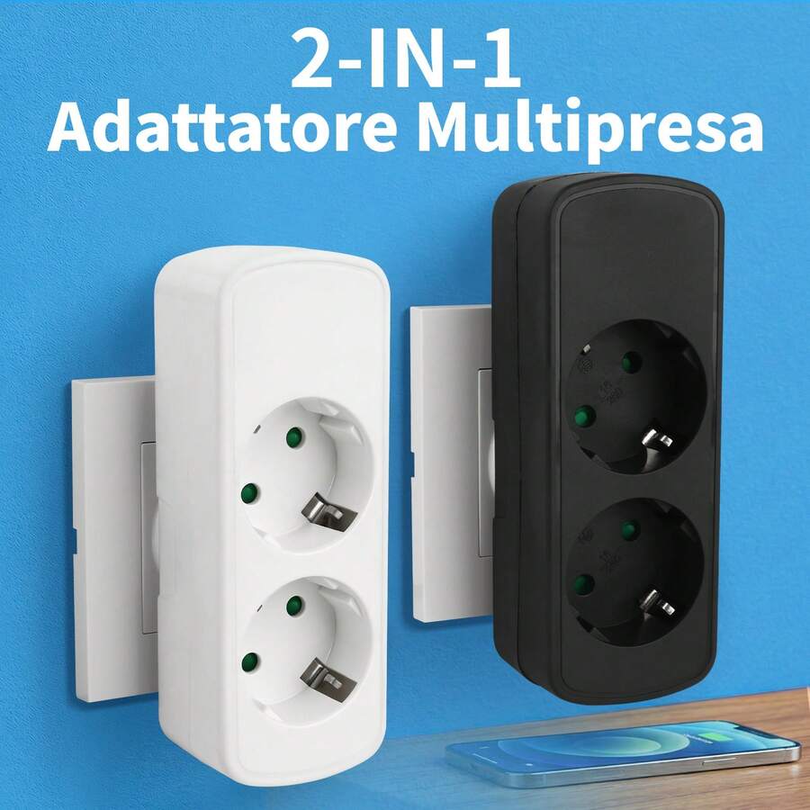 2-In-1 EU Plug Adapter, 250V Schuko Multi-Socket Power Splitter, Portable Double Outlet Wall Plug Extender For Home, Office & Travel, Space-Saving Dual Socket Converter, Black/White Available - 歐規E型插(220-240V) - 查看 1