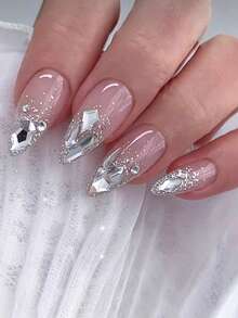 24pcs INS Fresh Summer Almond-Shaped Nail Stickers, Full Coverage Handmade Crystal Rhinestone Fake Nails With Manicure Tool Kit, Suitable For Women Party, Wedding, Vacation, Daily Wear - Multicolor - View 7