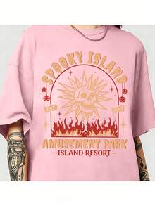 Spooky Island Amusement Park T-Shirt, Retro 2000s Halloween Movie Shirt, Disco Skull, Summer Spooky T-Shirt, 90s Nostalgia Halloween Tee For Halloween-Motion Tee - 粉色 - 查看 1