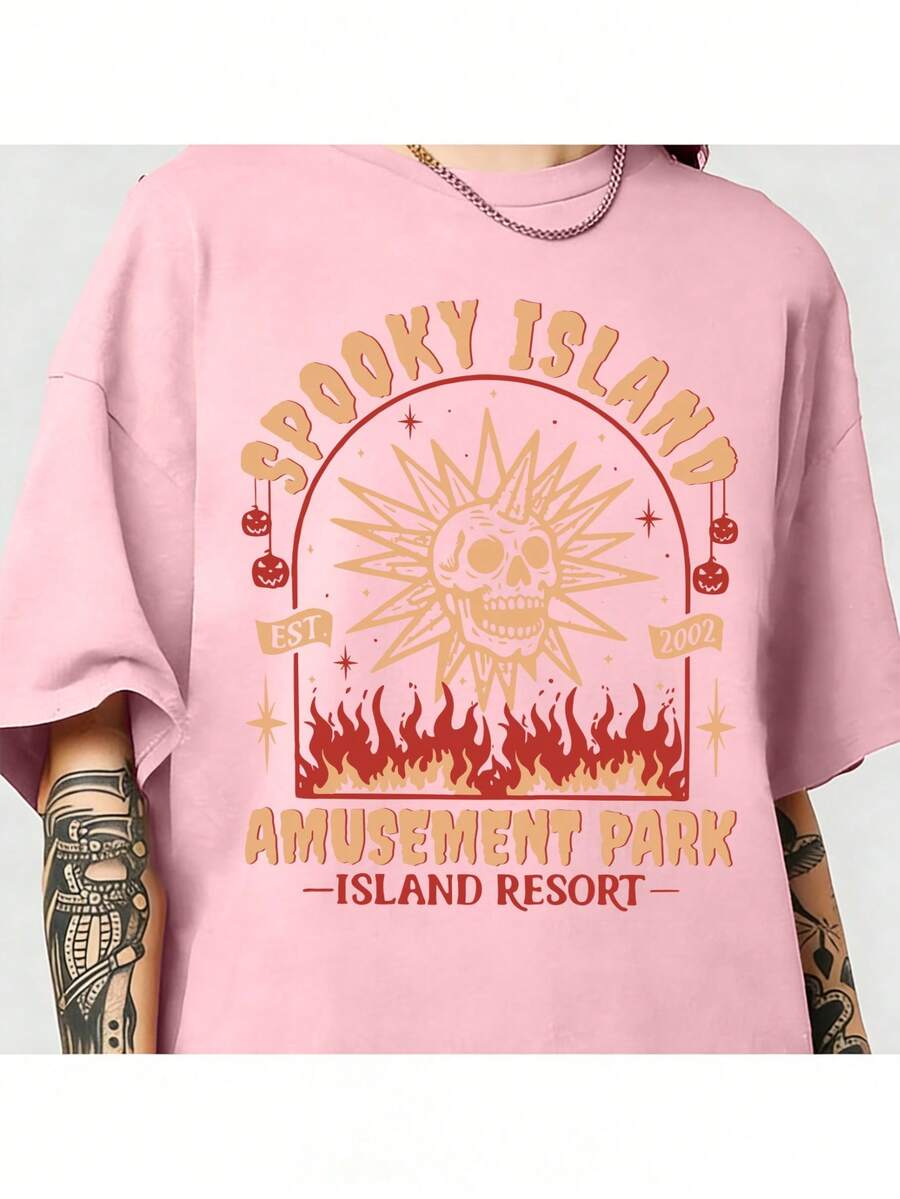 Spooky Island Amusement Park T-Shirt, Retro 2000s Halloween Movie Shirt, Disco Skull, Summer Spooky T-Shirt, 90s Nostalgia Halloween Tee For Halloween-Motion Tee - 粉色 - 查看 1