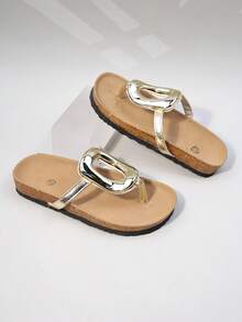 1 Pair Girls' Soft Cork Bed Flip Flops, Non-Slip Wear-Resistant Beach Sandals (Sole/Insole Color Random) - Gold - View 1