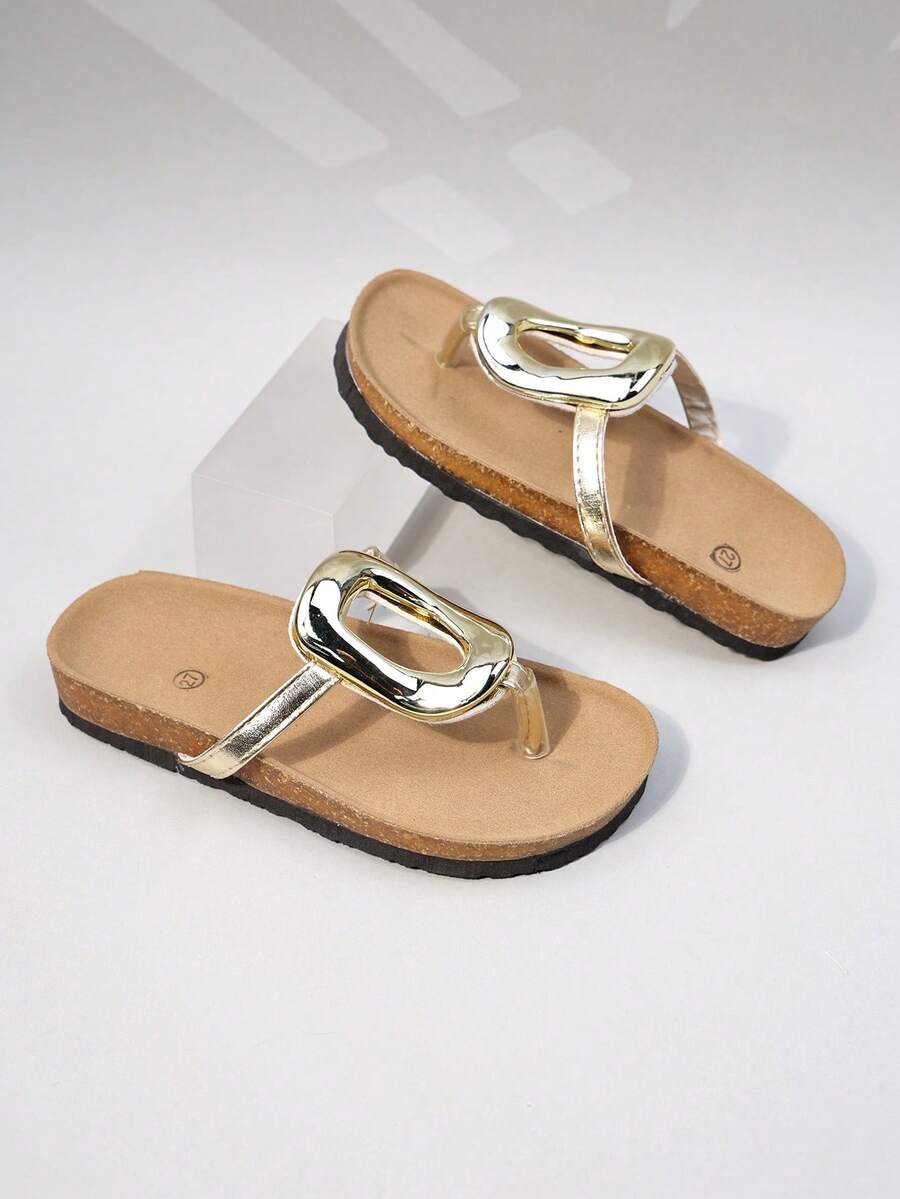 1 Pair Girls' Soft Cork Bed Flip Flops, Non-Slip Wear-Resistant Beach Sandals (Sole/Insole Color Random) - Gold - View 1