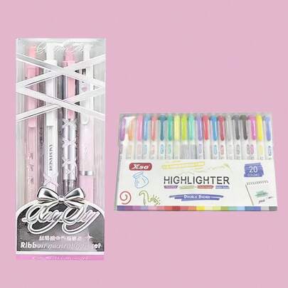 Bút bi thắt nơ hình nơ kiểu dáng nữ tính sáng tạo dành cho học sinh, bút ký tên nhanh khô + 15 bút dạ quang màu.