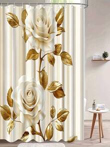 1/4pcs 3D Rose Print Waterproof Shower Curtain With Hooks - Machine Washable Polyester Bathroom Partition - A - View 20