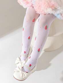 1pc Girls' Thin Mesh Strawberry White Pantyhose, Suitable For Toddler, Little & Big Kids, Summer - White - View 8