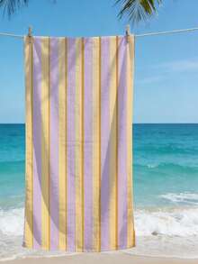 1pc Refreshing Purple & Yellow Striped Beach Towel, Soft Contrast Color Quick-Dry Bath Towel, Portable Beach Wrap For Vacation & Pool Photo Shoot - Multicolor - View 6