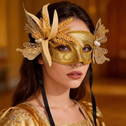 Mặt nạ hóa trang lấp lánh hình bướm vàng và bông lúa mì, mặt nạ nửa mặt cho tiệc cưới
