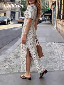 女士优雅小碎花扭结前襟长连衣裙，春夏休闲荷叶袖V领开衩长裙，百搭显瘦，适合日常街头风、度假、复活节等优雅场合 - 彩色 - 查看 2