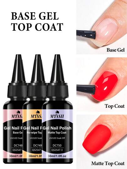 Mtssii 3瓶30毫升免擦拭底胶、亮面胶和哑光面胶套装 - 亮泽效果、哑光效果、持久耐用，可卸除UV/LED美甲灯，夏季美甲功能凝胶，居家及美甲沙龙DIY美甲用品