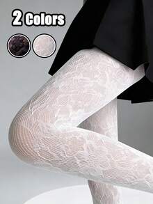 2 Colors Available Vintage Lace Stockings, French Style Floral Net Pantyhose - Multicolor - View 2