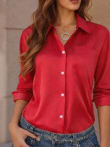 Women's Fashion Satin Lapel Shirt, Single-Breasted Pocket Commuter Blouse Spring - Red - View 1