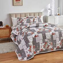 Patchwork Quilt Set Full/Queen Size 3 Pieces Grey Floral Plaid Summer Bedspread Coverlet Set Soft Microfiber Reversible Lightweight Bed Cover for All Season 90" x 90" 1 Quilt+ 2 Pillow Shams - Gris - Ver 3