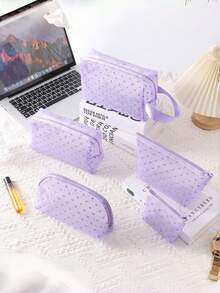1 pieza Bolsa de maquillaje de red de nailon y poliéster con corazón púrpura, gran capacidad, transpirable, para almacenamiento de lápices labiales, bolsa de ducha liviana de malla con cremallera y asa, bolsa colgante portátil para almacenamiento de baño, que utiliza tecnología de secado rápido, bolsa de aseo portátil - Morado - Ver 1