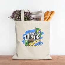 Brazil National Team "Estamos Juntos Brasil" Canvas Tote Bag, 2026  World Cup Patriotic Shopping Bag, Vintage Casual Shoulder Bag For Seleção Supporters - 米色 - 查看 2