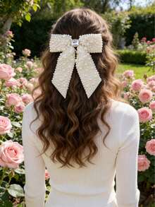 1pc Women's White Fashionable Elegant Faux Pearl Bow Hairclip, Suitable For Daily Wear And Gatherings - White - View 2