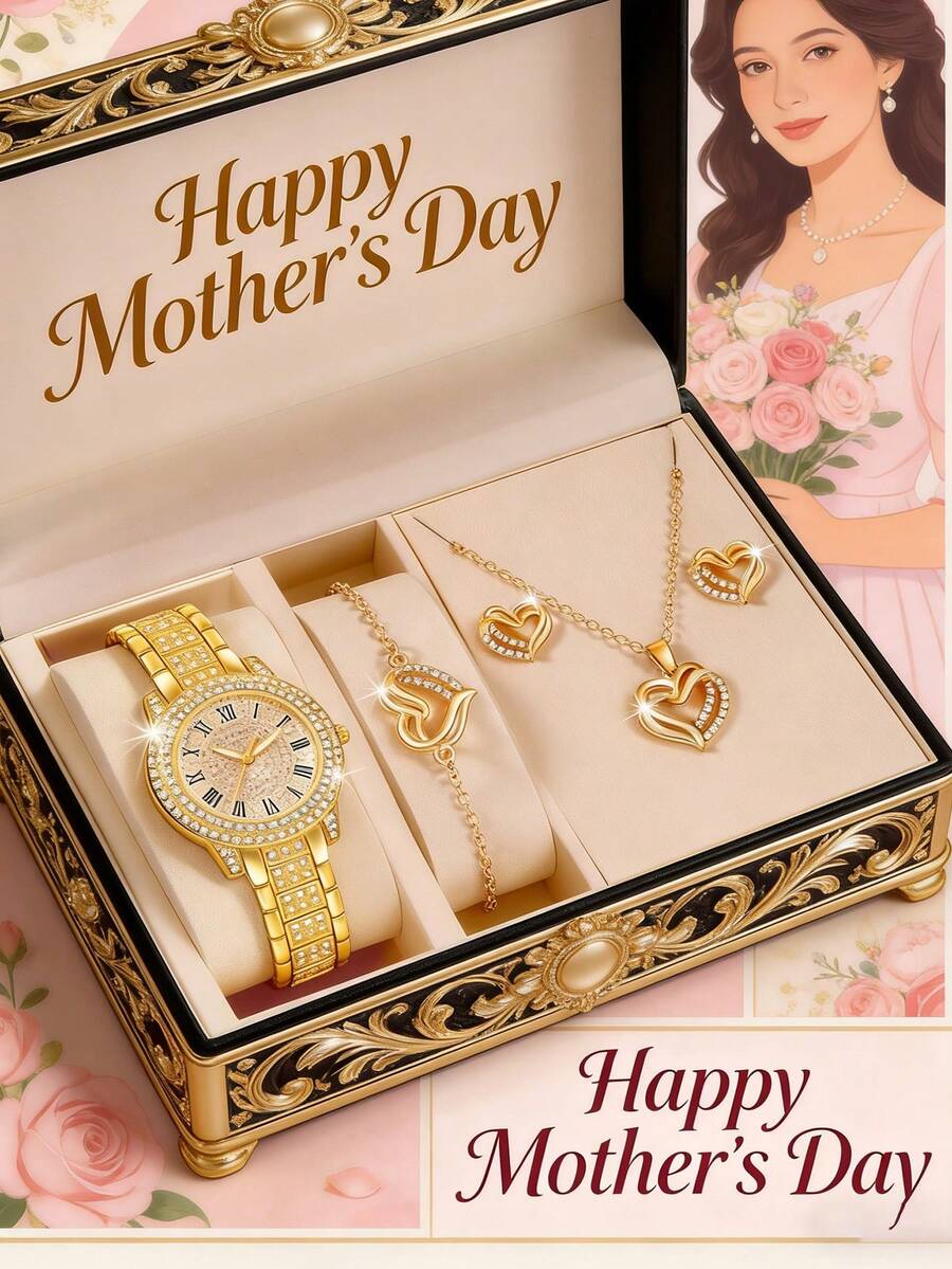 母亲节女士腕表套装，包含一枚时尚精致的圆形石英腕表、一条心形吊坠项链、一副耳环、一枚戒指和一条手链。这款珠宝套装适合日常佩戴、生日礼物、开学季、感恩节和浪漫场合，是馈赠亲友的理想之选。（不含包装盒） - 金色 - 查看 1