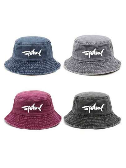 1pc Solid Color Shark & Letter Print Washed Bucket Hat, Polyester Breathable Sun Protection Hat, Versatile For Daily Wear, Suitable As Christmas, Mother's Day, Father's Day, Teacher's Day, Birthday Gift For Family, Friends, Boyfriend/Girlfriend