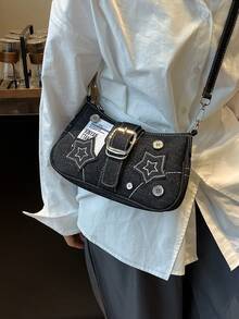 韩版极简星形牛仔腋下包，新款时尚小众新月形帆布手提包，个性化链条单肩包 - 黑色 - 查看 5