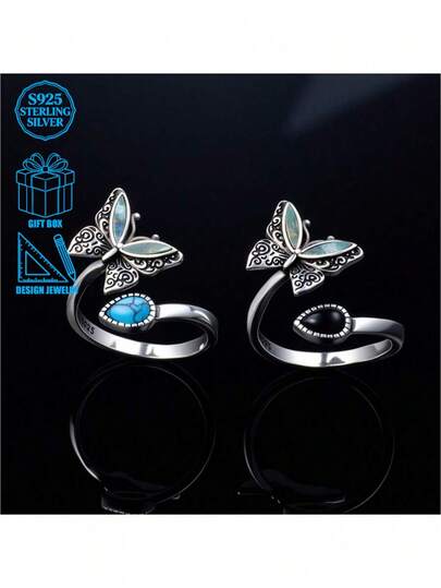 1枚复古优雅简约独特925银合成玉蝴蝶椭圆戒指，适合女性在度假、日常和正式场合佩戴。