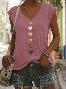 3er Set Damen Mode bedrucktes V-Ausschnitt T-Shirt, lockeres lässiges Top Basisschicht T-Shirt - geeignet für den täglichen Gebrauch und Zuhause im Sommer - Hellbraun + Rouge + Dunkelbraun - Übersicht 5
