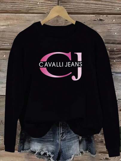Hoodie For Women Plus Size, Pink Gradient CJ Letter Pattern And CAVALLI JEANS Print Spring New Women's Pullover Sweatshirt, Fashionable And Elegant Women's Top With Round Neck2026- Spring, Y2k, Tops, Black Jumper, Maija