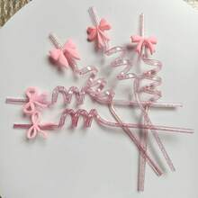 3支装可爱粉色蝴蝶结闪光螺旋吸管 - 可重复使用的塑料卷曲饮料吸管，适用于杯子、咖啡、冰沙、生日派对和婚礼装饰 - 查看 3