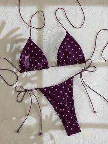 Bộ bikini không tay dây chéo họa tiết chấm bi mềm mại mới của PEPPERMOLLY, bikini thời trang mùa hè thanh lịch dành cho nữ đi biển. - Màu tím đậm - Xem 2