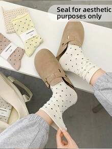 1/5 Pairs Layered Cream Polka Dot Women's Mid-Calf Socks, Rolled Edge Polka Dot Knee-High Socks, Suitable For Summer, Autumn, All Seasons, Random Color Layered Socks, Polka Dot Socks, School Style, Versatile Daily Wear, Breathable And Comfortable, Unisex - Multicolor - View 1