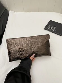 新款小众设计时尚鳄鱼纹压花信封包，复古风格女士手提包 - 咖啡 - 查看 6