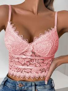 Camiseta de tirantes con adorno de encaje rosa, esencial para el verano - Rosa - Ver 2