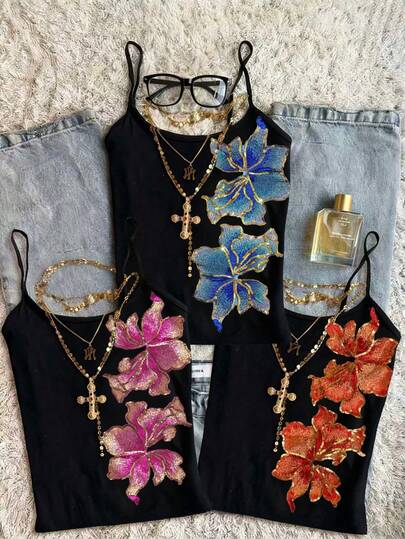 Bộ 3 áo hai dây không tay kiểu Y2K dành cho nữ, thêu hoa vintage và đính sequin, thanh lịch cho dạo phố, dự tiệc, kỳ nghỉ hè.