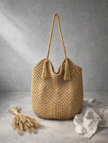 Hollow Mesh Tassel Straw Tote Bag, Large Capacity Vacation Commute Shoulder Beach Bag For Women,Holiday Essential,Summer,Beach Bag,Holiday Bag - Multicolor - View 2