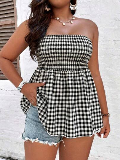 Áo ống kẻ caro mùa hè cỡ lớn kiểu dáng thường ngày