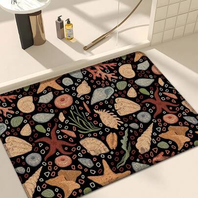 1件海洋生物图案印花亚麻厨房地毯/垫，3D长方形地毯，适用于客厅、卧室、走廊、浴室、洗衣房 - 涤纶材质，适合室内外家居装饰