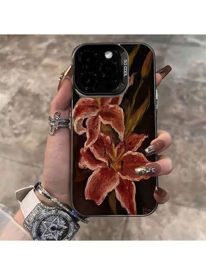1pc Compatible With IPhone 13/14 Pro Max/11 Transparent Black Phone Case, IMD Material With Painterly Floral Pattern, Compatible With Camera, Waterproof, Shockproof, Anti-Fall, Anti-Scratch
