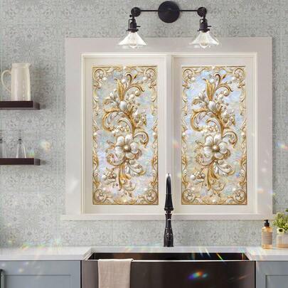 1/3 piezas Película de ventana con patrón de flor de vid dorada y perla, adhesivo de privacidad de arcoíris de PVC reutilizable con efecto prisma, adecuado para decoración de cocina, dormitorio, baño, sala de estar y oficina