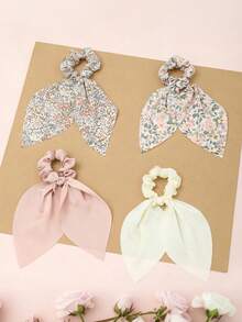 4pcs Women's Simple Solid Color & Floral Hair Scrunchies, Rabbit Ear Hair Ties, Suitable For Daily Wear In Spring And Summer Ponytail Holders Scrunchy,Holiday,Travel - Multicolor - View 7