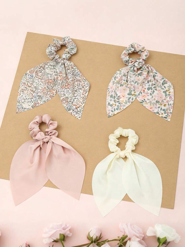 4pcs Women's Simple Solid Color & Floral Hair Scrunchies, Rabbit Ear Hair Ties, Suitable For Daily Wear In Spring And Summer - Multicolor - View 7