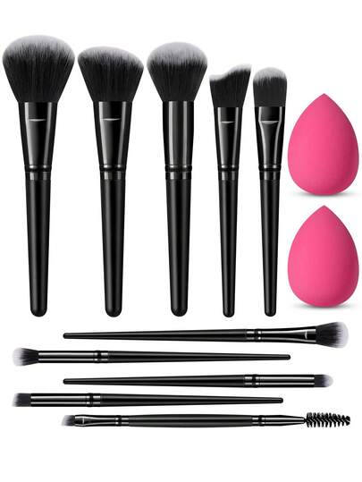 12件套化妆工具套装，包括：10支化妆刷+2个化妆海绵