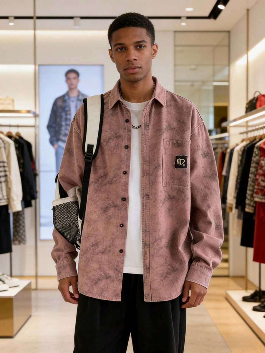 New Arrival: Men's "Rebel-Chic" Long-Sleeve Shirt - Spring/Autumn Printed Workwear-Style Top | Men's Loose-Fit Shirt Jacket - 粉色 - 查看 1