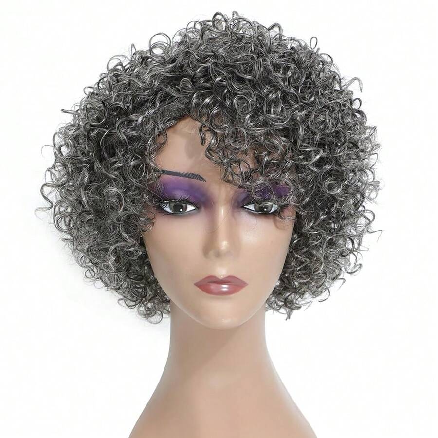 HUA Grey Glueless Wigs Human Hair Wigs For Black Women Grey Short Curly Wigs For Black Women Human Hair Mixed Kinky Curly Wear And Go Glueless Wig Ombre Gray 8 Inch Short Wigs For Older Women - P4/30 - 查看 1