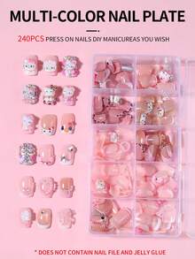 SANRIO 24 pièces Stickers de manucure française carrés avec des designs mignons de fleurs, cœurs, perles, nœuds et strass. Comprend 1 bouteille de vernis gel et 1 lime à ongles. Convient pour une utilisation quotidienne et pour les fêtes pour les femmes - Multicolore - Voir 5