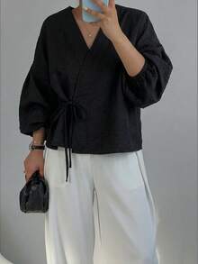 女士独特休闲长袖系带上衣，纯色涤纶系带黑色春季款 - 黑色 - 查看 5