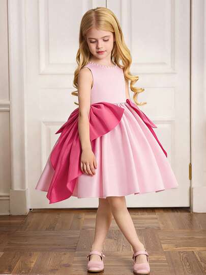 Young Girls' Round Neck Contrast Color Faux Pearl Waist Big Bow Satin Elegant Birthday Party Dress, Suitable For Birthday Party, Flower Girl, Wedding, Formal Occasions, Prom, Banquet, Does Not Include Headband