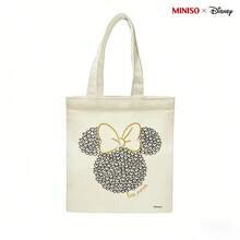 MINISO X Disney Minnie Mouse Heart Mosaic Canvas Tote Bag, Beige Love, Minnie Reusable Shoulder Bag, Minimalist Cartoon Grocery Bag For Travel & Shopping - 1pc - 查看 4